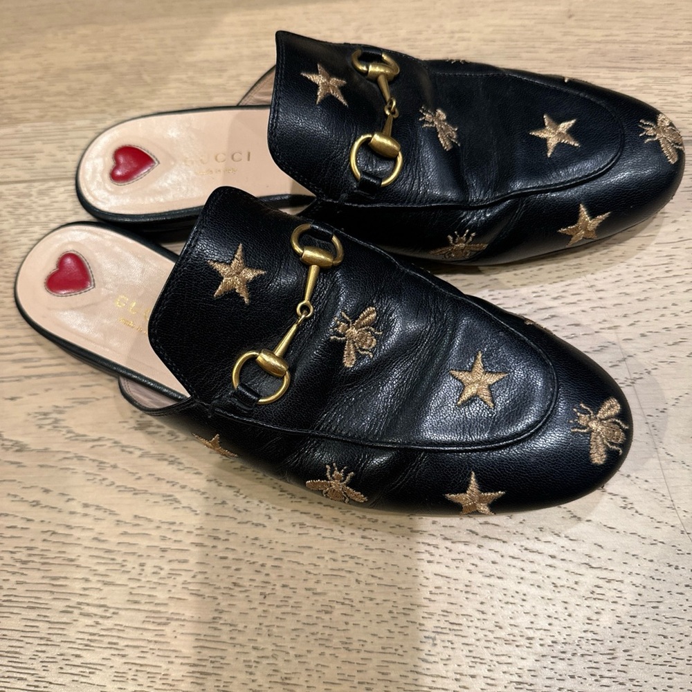 COPY - Gucci Princetown black mules with gold bees and stars. Size 38